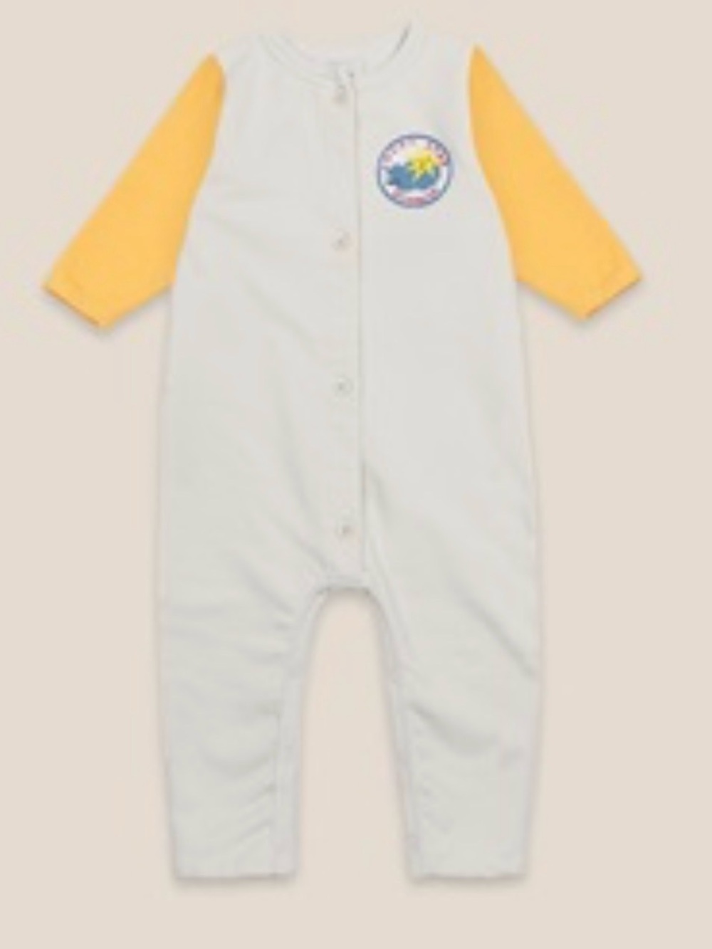 Bobo Choses Cream Footie with Yellow Sleeves and Chest Patch